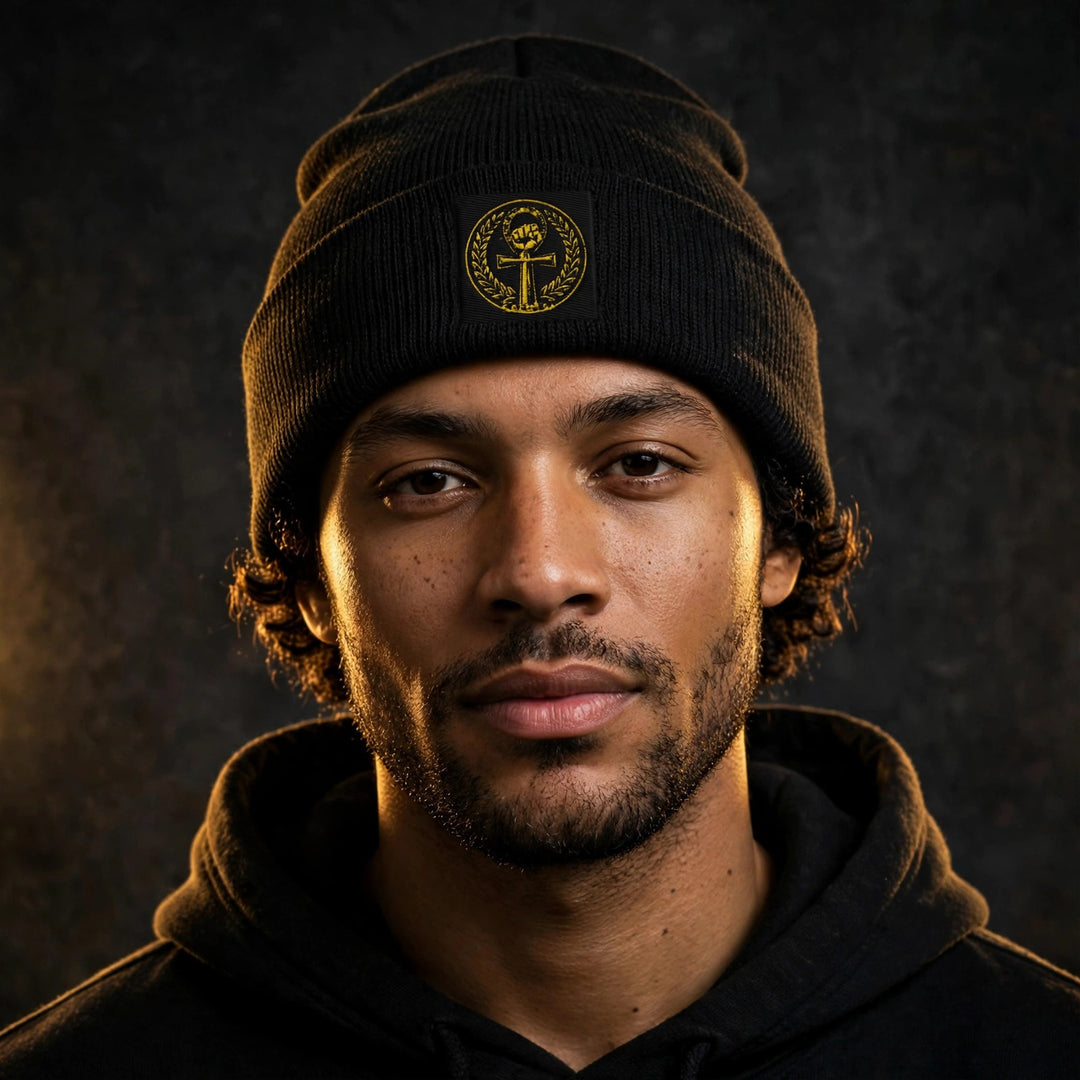 One Family Beanie — One Family merch, crowned mic emblem, black and gold