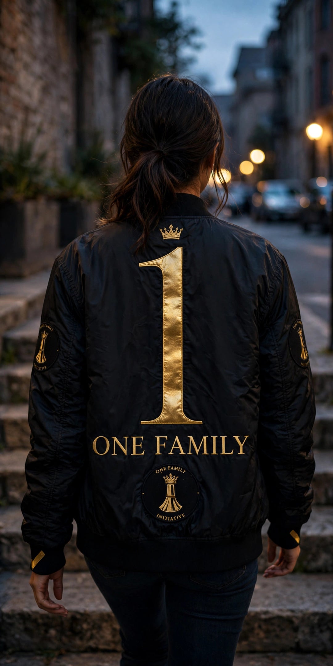 One Family number-1 bomber jacket worn, back view — photorealistic render of the approved design