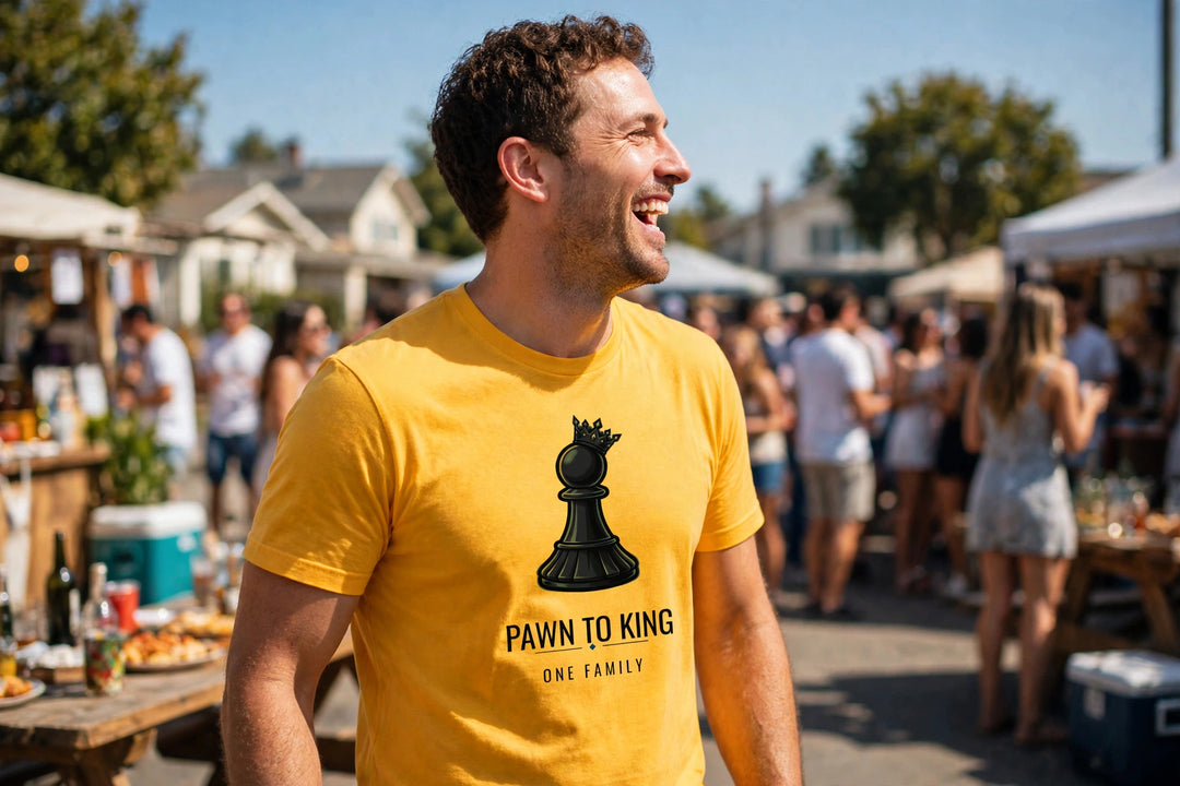 Royal Gold Crowned Pawn Tee — realistic lifestyle photo