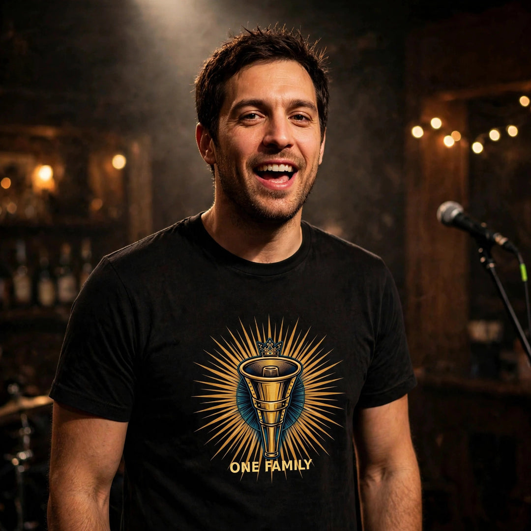 One Family Tee The Crowned Mic worn - photorealistic stage photo