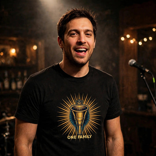 One Family Tee The Crowned Mic worn - photorealistic stage photo