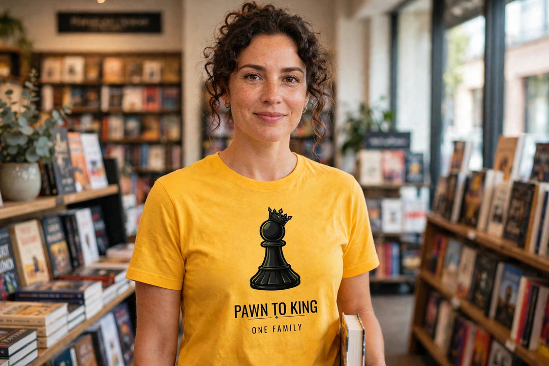 Pawn to King Crowned Pawn Tee Royal Gold worn - photorealistic bookshop photo