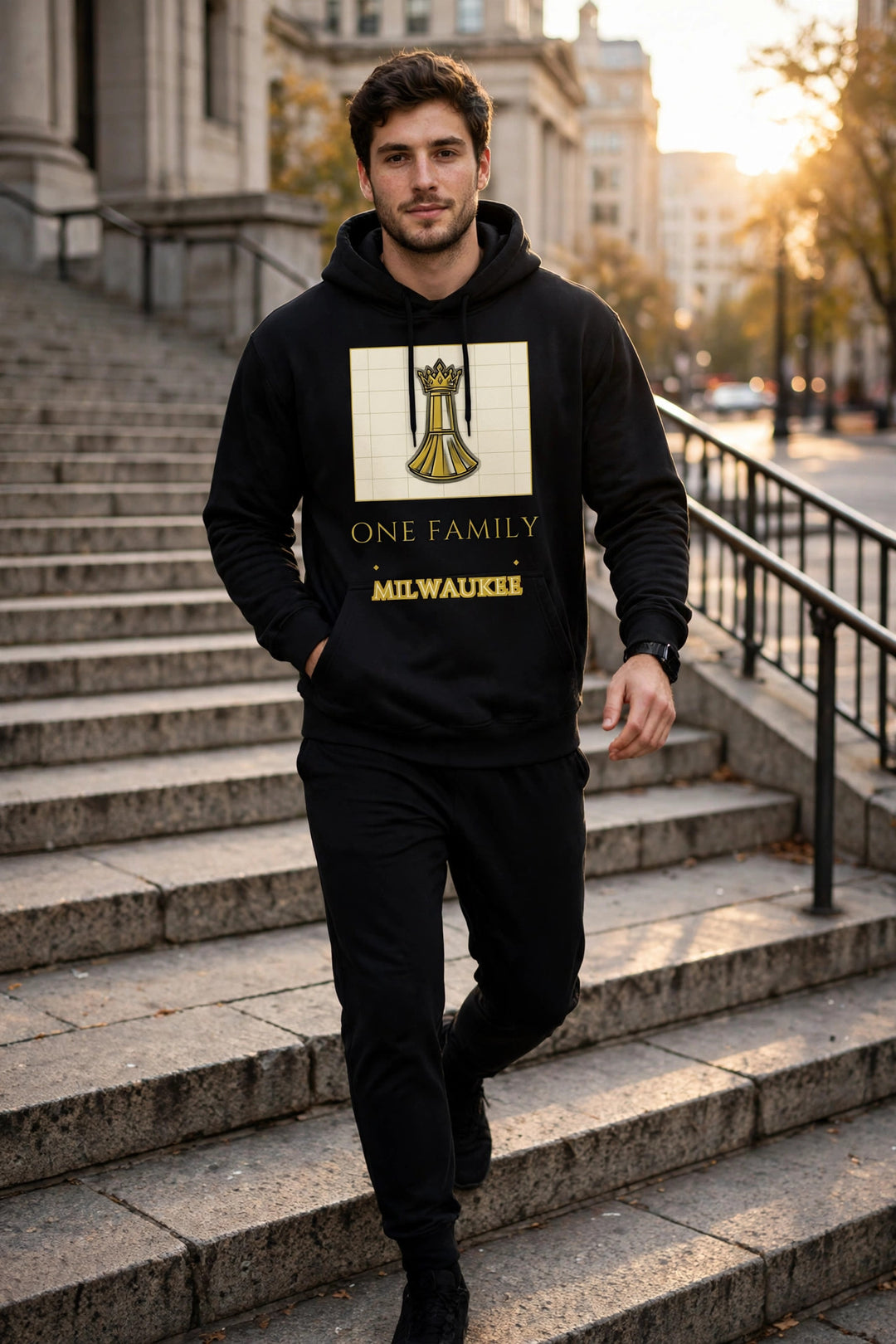 One Family Milwaukee Hoodie worn - photorealistic street photo