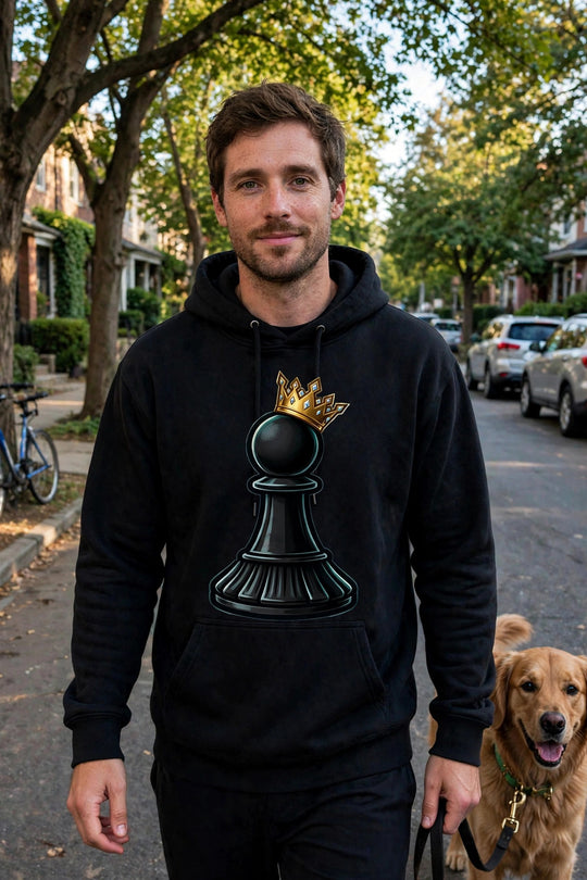 One Family Pawn to King Hoodie Black worn - photorealistic street photo