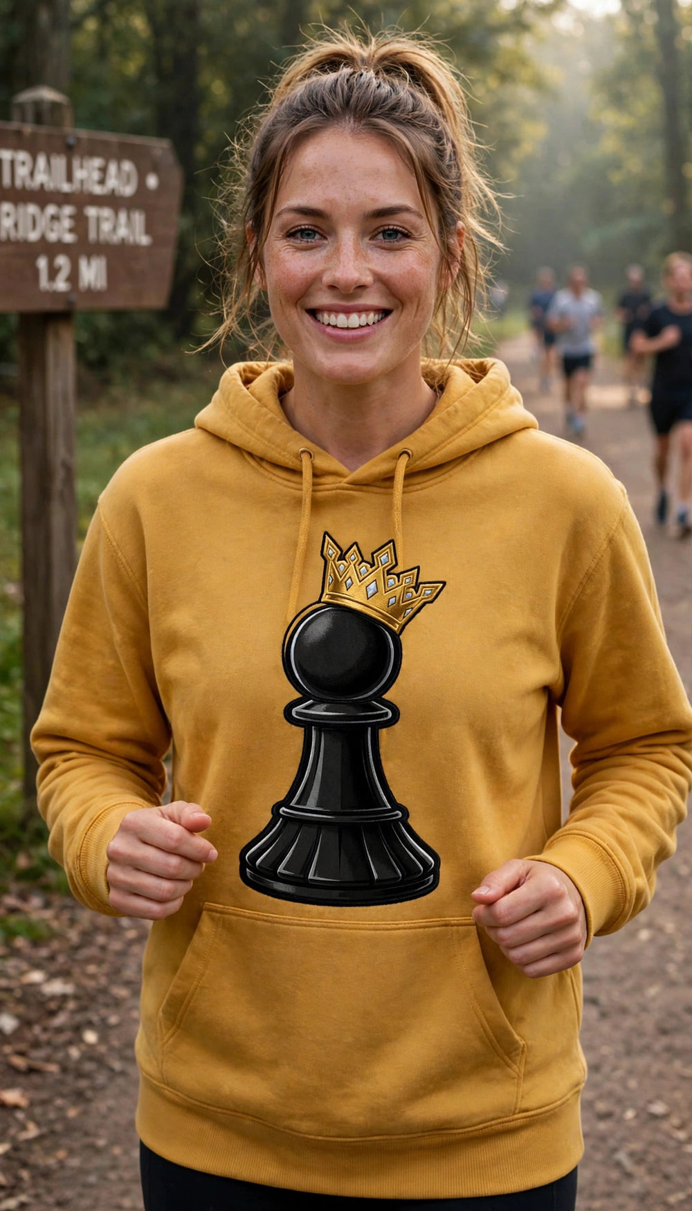One Family Pawn to King Hoodie Gold worn - photorealistic trail photo