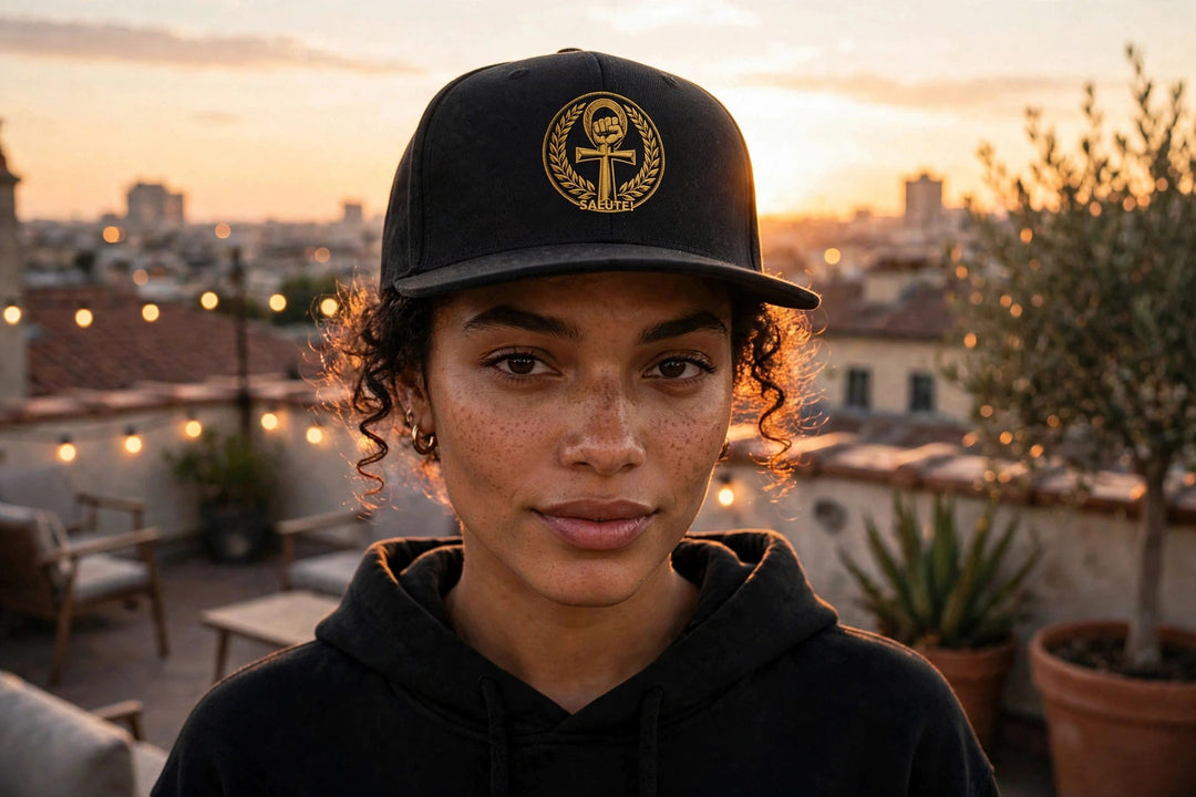 One Family Snapback Salute worn - photorealistic rooftop photo